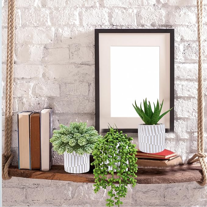 Winlyn 3 Pack Small Faux Succulent Plants Fake String of Pearls Aloe Hops Succulents in Gray Geometric Concrete Pots Artificial Potted Plant for Office Desk Home Tabletop Windowsill Shelf Decor