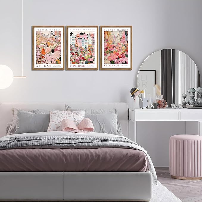 Floral Wall Art Set of 3, Colorful Flower Market Canvas Wall Decor Paintings, Pink Wildflower Botanical Posters Prints Pictures Artwork for Bedroom Living Room 12x16 Inch Wood Framed