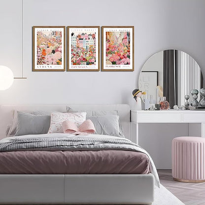Floral Wall Art Set of 3, Colorful Flower Market Canvas Wall Decor Paintings, Pink Wildflower Botanical Posters Prints Pictures Artwork for Bedroom Living Room 12x16 Inch Wood Framed