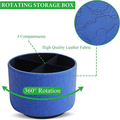 Round Leather Art Supply Organizer,Remote Control Holder,360 Degree Spinning,Multi-Functional Pencil Holder,4 Compartments Desktop Stationary Organizer(1-Lace Flower Blue)