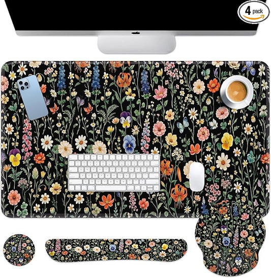 Britimes Black Florals Keyboard Mouse Pad Set Colorful Wildflowers 4in1 Large Mousepad+Keyboard Wrist Rest+Mouse Wrist Rest+Coaster Ergonomic Design for Home Office Computer 35.4x15.7 inches