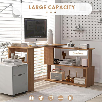 HOMCOM 47 Inch L Shaped Desk, Corner Computer Desk, 360 Degree Rotating Home Office Desk with Storage Shelves, Writing Table Workstation, Teak