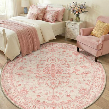 RELEANY Area Rugs Round 6ft Washable Non-Slip, Floral Vintage Distress Medallion Carpet for Living Room Bedroom Dining Room, Pink Light Vintage Pink