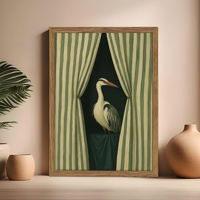 Framed Curtain Crane Canvas Wall ArtFramed Bird Wall Art, Elegant Heron Canvas Print, Vintage Coastal Bird Wall Decor, Abstract Heron Painting, Striped Curtain Picture Poster Artwork for Living Room Bedroom 16x24 inch