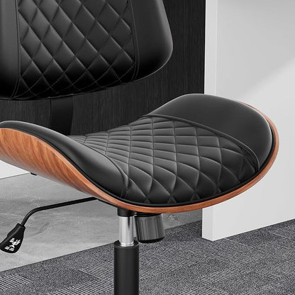 Home Office Desk Chair with Swivel Wheels, Modern PU Leather Armless Office Chair, Small Mid Back Computer Chair for Home Office, Reading Meeting Room (Black, Black Wheels)