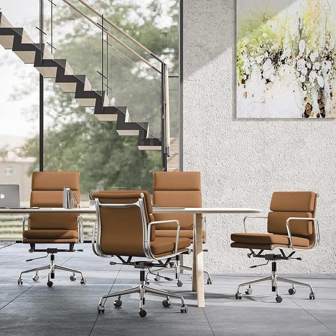 Genuine Leather Office Chair, Padded Executive Desk Chair with Arms, Wheels, Lumbar Support, Aluminum Base (Light Brown, High-Back)