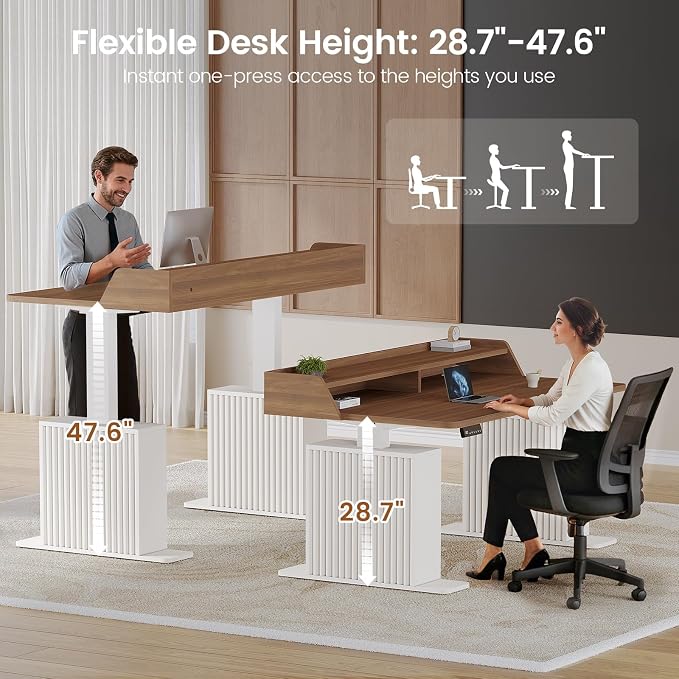 SEDETA Standing Desk with Storage, 55" Fluted Stand Up Desk with Power Outlets & LED Lights, Height Adjustable Table with Monitor Shelf for Home Office, Gaming, Brown + White