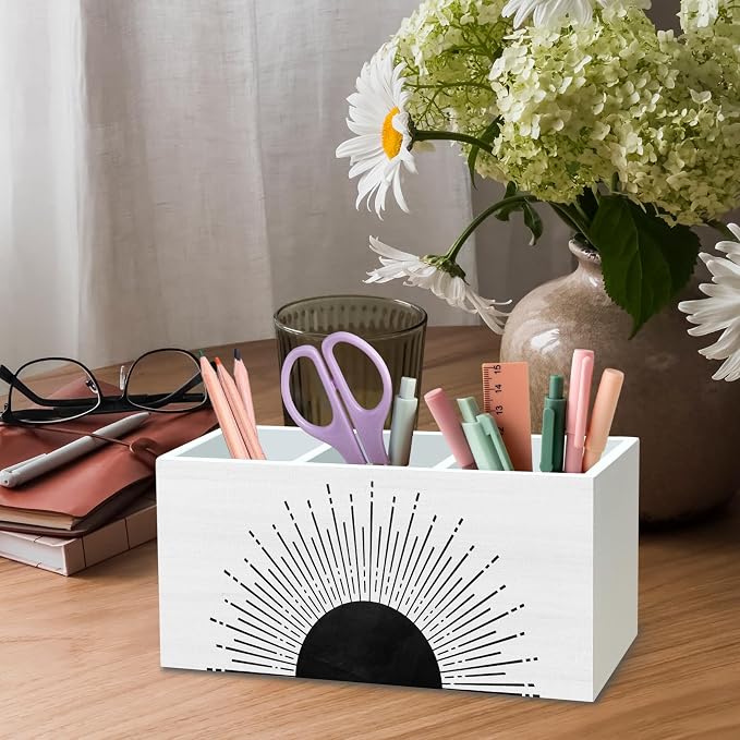 DILSJ Boho Abstract Sunshine Pen Pencil Holder Organizer for Desk, Boho Office Decor, Black and White Mid Century Modern Minimalist Sunshine Wooden Box Signs for Home Office Desk Tabletop Decoration