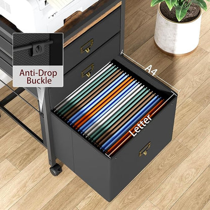 Garvee File Cabinet with 3 Drawers, Mobile Filing Cabinet Fits Letter Size or A4, Fabric Vertical File on Wheels, Home Office Small Under Desk Filing Storage Cabinets, Black