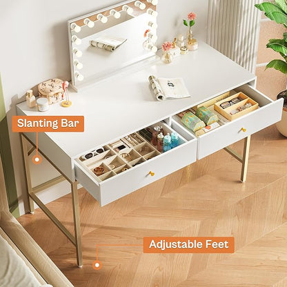 SUPERJARE Vanity Desk with Drawers, 47 inch Computer Desk, Modern Simple Home Office Desks, Makeup Dressing Table for Bedroom - White and Gold