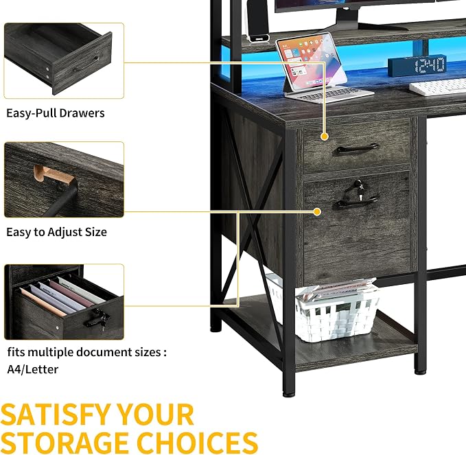 DWVO Computer Desk with Drawers & Hutch, 59.1" Office Desk with Power Outlets & LED Lights, Home Office Desk with Storage Shelves, Grey