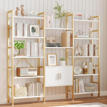 Yusong Bookshelf Triple Wide 5 Tier Bookcases with Storage Cabinet, Industrial Large Modern Tall Bookshelves with 12 Open Display Shelves for Living Room Office Bedroom, White and Gold