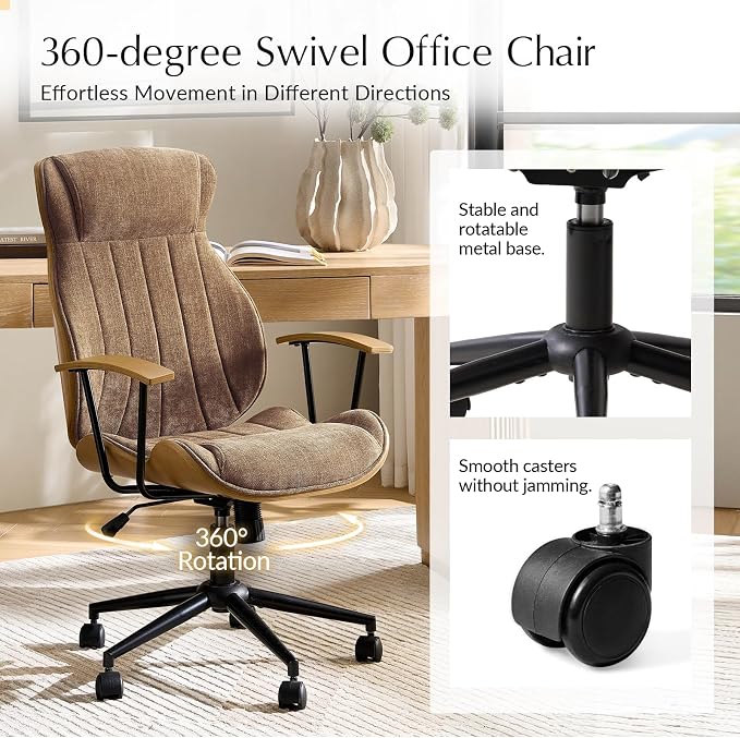 HULALA HOME Solid Wood Office Chair with Tilt Function, Mid Century Modern Bentwood Desk Chair with High Backrest, Height Adjustable Swivel Fabric Computer Task Chair, Camel