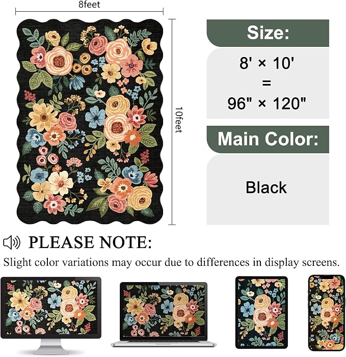 DUKINO 8x10 Area Rug, Floral Washable Rugs for Living Room with Non Slip Backing & Non-Shedding, Lightwight Low Pile Boho Design Large Carpets for Bedroom, Living Room, Dining Room, Black