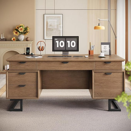 63" Executive Desk with Charging Station, Large Home Office Desks with 6 Drawers and 2 Storage Cabinets, File Drawer, Keyboard Tray, Privacy Panel, Desk Grommet, U-Shaped Metal Legs for Work and Study