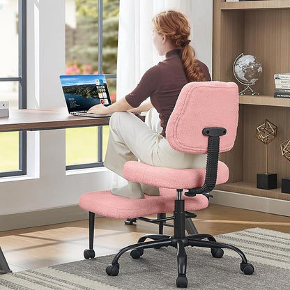Criss Cross Legged Meditaion Chair,Exquisite Home Office Furniture,Ergonomic Kneeling with Lumbar Support and Adjustable Height Stool,for ADHD Adults,Teddy Fabric (Pink, Teddy Fabric)