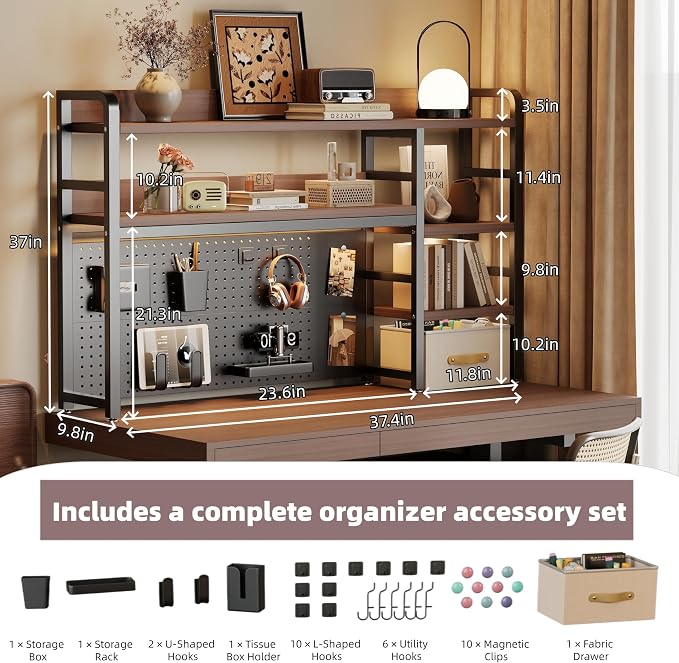 Desktop Hutch Bookshelf, 4-Tier Metal Desk Shelf for Top of Desk | Heavy Duty Countertop Organizer Rack with Peg Board & Accessories Space-Saving Storage for Dorm, Office & Home