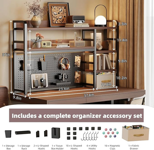 Desktop Hutch Bookshelf, 4-Tier Metal Desk Shelf for Top of Desk | Heavy Duty Countertop Organizer Rack with Peg Board & Accessories Space-Saving Storage for Dorm, Office & Home