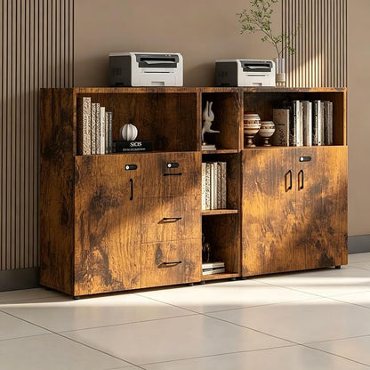 File Cabinet with Password Lock, Wood Lateral Filing Cabinet for Letter/A4 Files, 3 Drawer with Door, Printer Stand with Open Shelves for Home Office