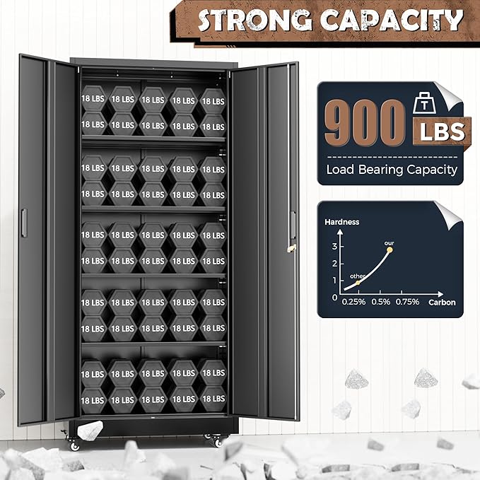INTERGREAT Metal Storage Cabinet with Wheels, 73" Rolling Storage Cabinets with Door and 4 Shelves, Tall Storage Cabinets Locker on Caster for Home, Office, Black