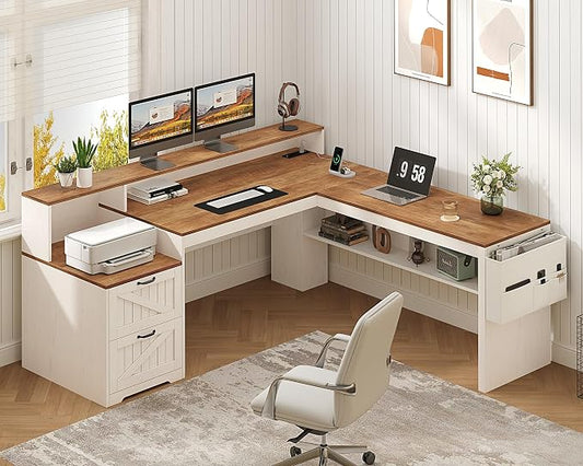 YOMILUVE Farmhouse 63" L Shaped Desk with Drawers, Home Office Desks with Storage Shelves and Printer Stand, Corner Computer Desk with Power Outlets and Monitor Stand, Brown and White