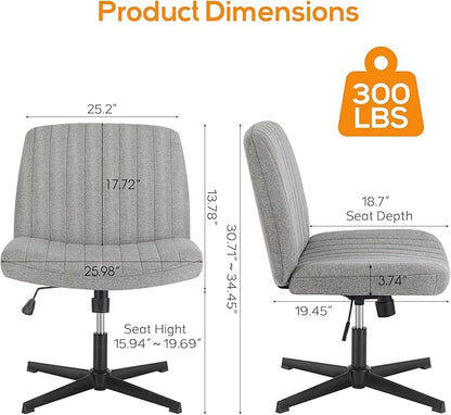 DUMOS Criss Cross Chair No Wheels Legged Office Wide Comfy Desk Vanity Chair, Armless Computer Task Seating, Swivel Home Height Adjustable for Bedroom, Study, Grey Fabric