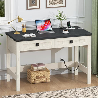 YOMILUVE Farmhouse Computer Desk with 2 Drawers, 39 Inch Small Office Computer Desk with Power Outlets, Compact Writing Study Vanity Desk for Small Spaces, Black and White