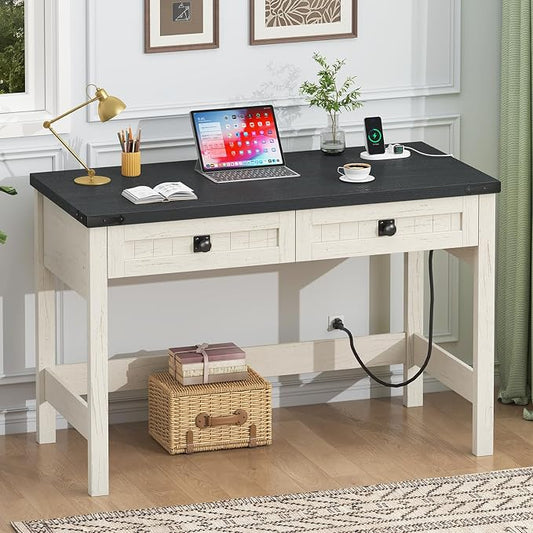 YOMILUVE Farmhouse Computer Desk with 2 Drawers, 39 Inch Small Office Computer Desk with Power Outlets, Compact Writing Study Vanity Desk for Small Spaces, Black and White