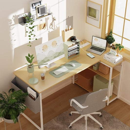 TIQLAB Small Computer Desk with Power Outlets, 40 Inch L Shaped Desk with Reversible Shelves, Gaming Desk Corner Desk Study Writing Table for Home Office Bedroom Living Room, Beige