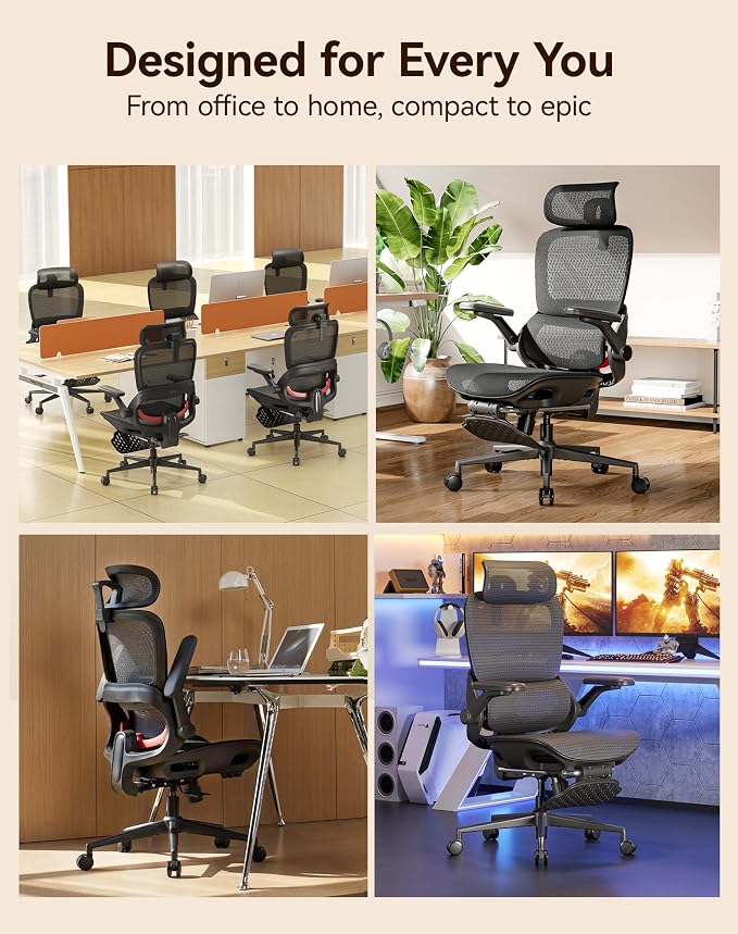SIHOO B100 PRO Ergonomic Office Chair with Footrest, Mesh Office Chair with Adaptive Lumbar Support, Computer Chair with Wide Headrest, Desk Chair with 360° Rotatable Flip-Up Armrests, Jet Black