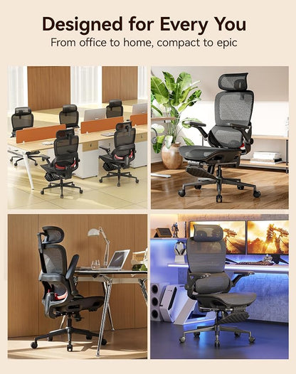 SIHOO B100 PRO Ergonomic Office Chair with Footrest, Mesh Office Chair with Adaptive Lumbar Support, Computer Chair with Wide Headrest, Desk Chair with 360° Rotatable Flip-Up Armrests, Jet Black