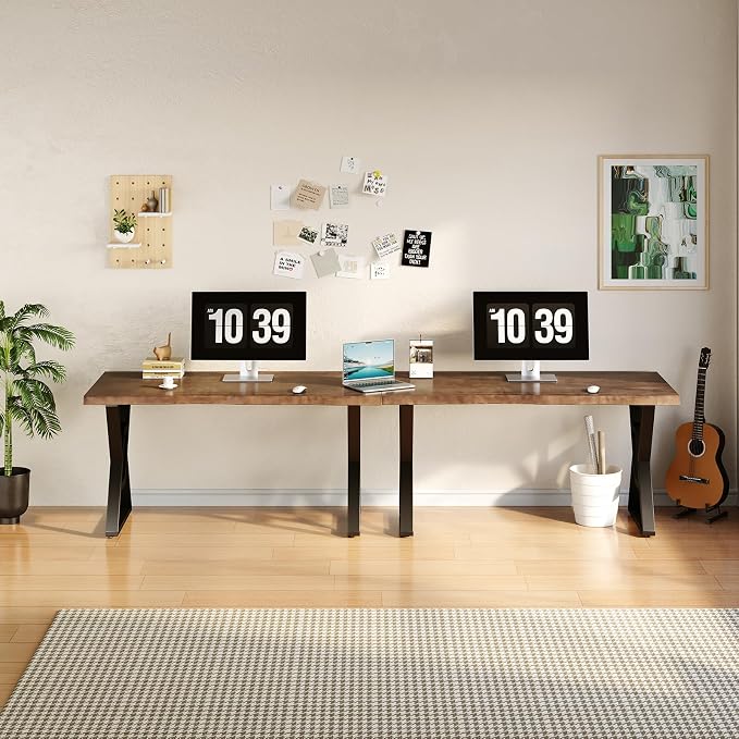 55 Inch Real Wood Desk for Home Office, Solid Pine Writing Desk with Natural Live Edge, Rustic Computer Desk with Industrial Metal Legs, Large Workstation Table for Study, Gaming and Dining