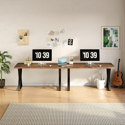 55 Inch Real Wood Desk for Home Office, Solid Pine Writing Desk with Natural Live Edge, Rustic Computer Desk with Industrial Metal Legs, Large Workstation Table for Study, Gaming and Dining