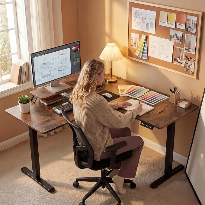 Furmax 63 x 47 Inch L Shaped Standing Desk with 2 Preset Heights, Electric Height Adjustable Computer Desk, Corner Sit Stand Desk for Home Office, 2 Hooks & Feet Balance (Rustic Brown, 63 x 47 Inch)