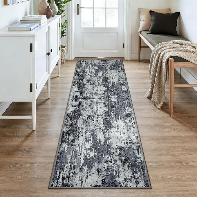 RELEANY Washable Area Rugs 2'6"x8 Non-Slip Modern Abstract Soft for Living Room Entryway Bedroom Kitchen, Print Pattern, Black Navy Blue Gray