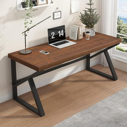 IBF Solid Real Wood 55 Inch Office Computer Desk, Rustic Writing Study Table for Student, Natural Wooden and Metal Gaming Home Office Desk, Rustic Industrial Executive Work Desk Workstation, Brown