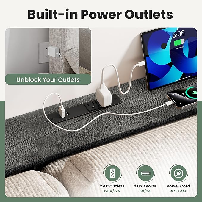 GRLEAF 78" Sofa Table with Built-in Power Strip (2 AC Outlets & 2 USB Ports) – 4.9ft Power Cord, Metal Frame, Easy Assembly, Long Couch Table Behind Sofa, Living Room and Home Office | Charcoal Gray