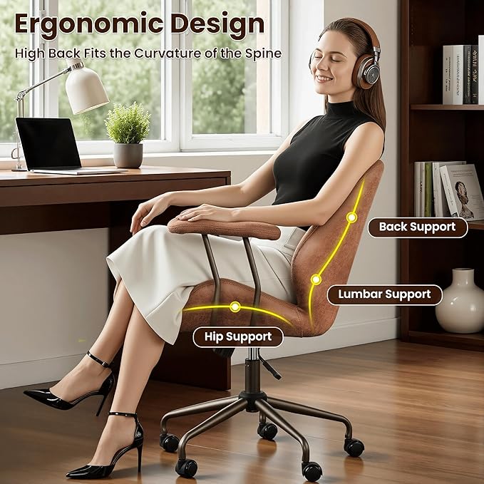 ovios Home Office Chair, Mid-Century Modern Faux Suede Leather Ergonomic Chairs, Mid Back Comfy Computer Swivel Rolling Task Executive Armchair, Brown