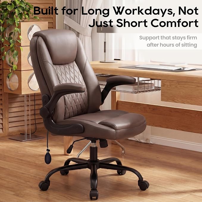 MALOL Leather Office Chair, Computer Desk Chair with Adjustable Lumbar Support, Thick Cushion, Flip-Up Arms and Ergonomic Back, Comfy Executive Office Chair for Home Office Gaming,Brown