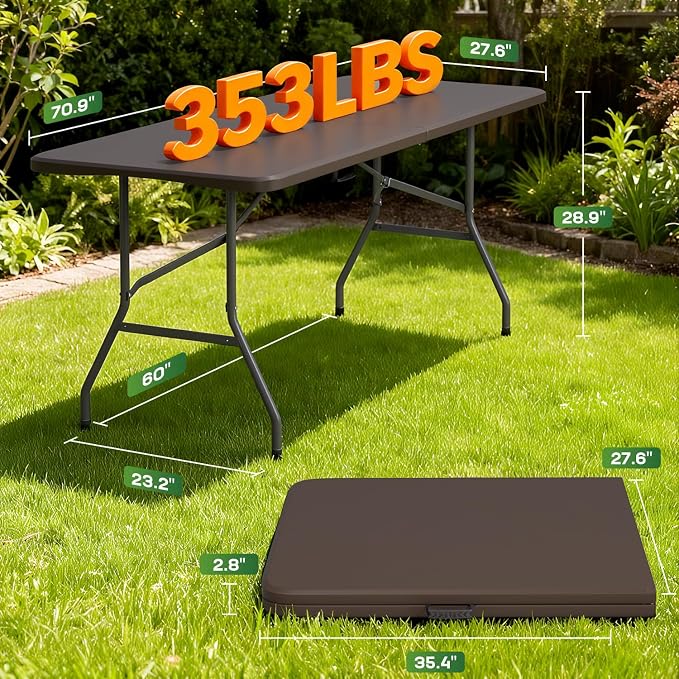 FDW 6 FT Folding Table, Portable Plastic Table with Carrying Handle Perfect for Indoor, Outdoor, Party, Dining, Wedding, Events, Camping, Brown