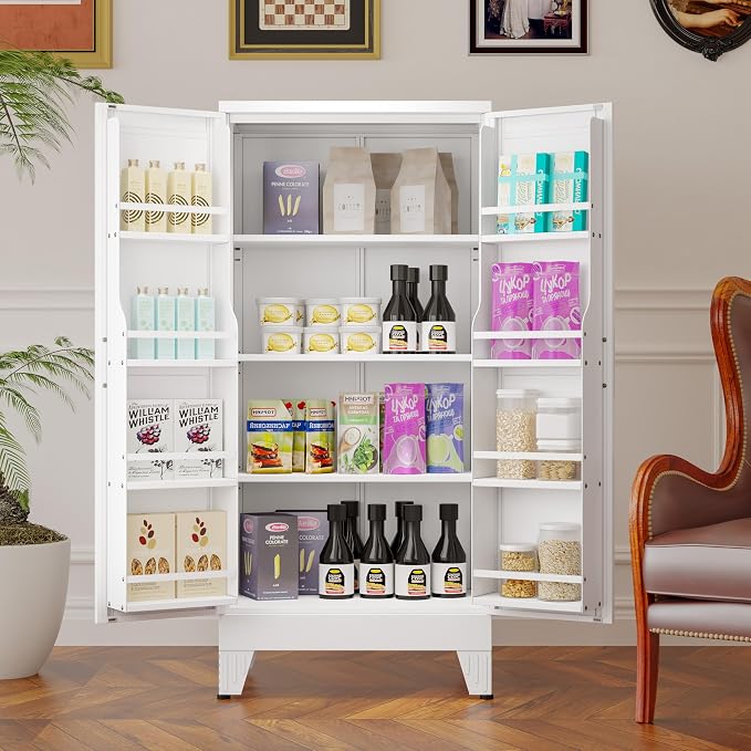 GAIOUS Metal Kitchen Pantry Cabinet, Storage Cabinets with 2 Door and 3 Adjustable Shelves, White Freestanding Food Storage Cabinet, Steel Cupboard for Kitchen Dinning Room