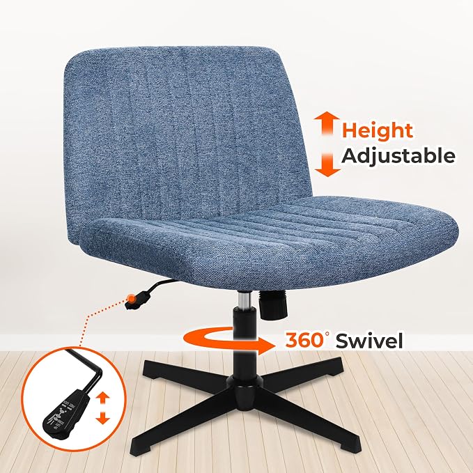 NEO CHAIR Criss Cross Chair No Wheel Vanity Desk Chair Wide Armless Cross Legged Office Comfy Makeup Adjustable Computer Task for Home Office Fabric (Blue)