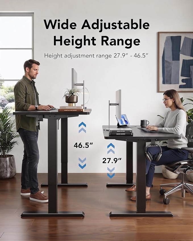 HUANUO Electric Standing Desk,53" x 28" Height Adjustable Desk, 4 Memory Height Settings, Sit to Stand Up Desk for Home Office, with Headphone Hook, Cable Manager, Black