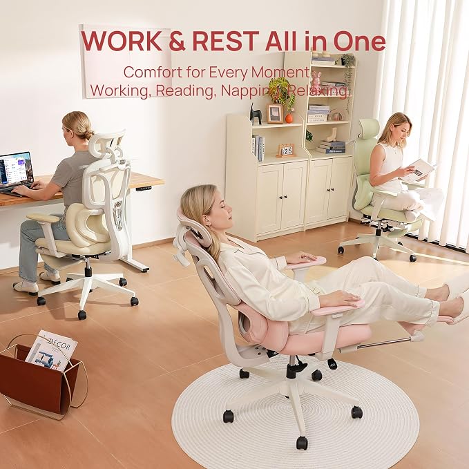CabLady S1 High Back Ergonomic Mesh Office Chair with Footrest, 300 lbs | 115° Recline Lock, Adjust Seat Depth, 2D Arms, 3D Headrest, Detachable Lumbar Support, Breathable Mesh, BIFMA, Pink