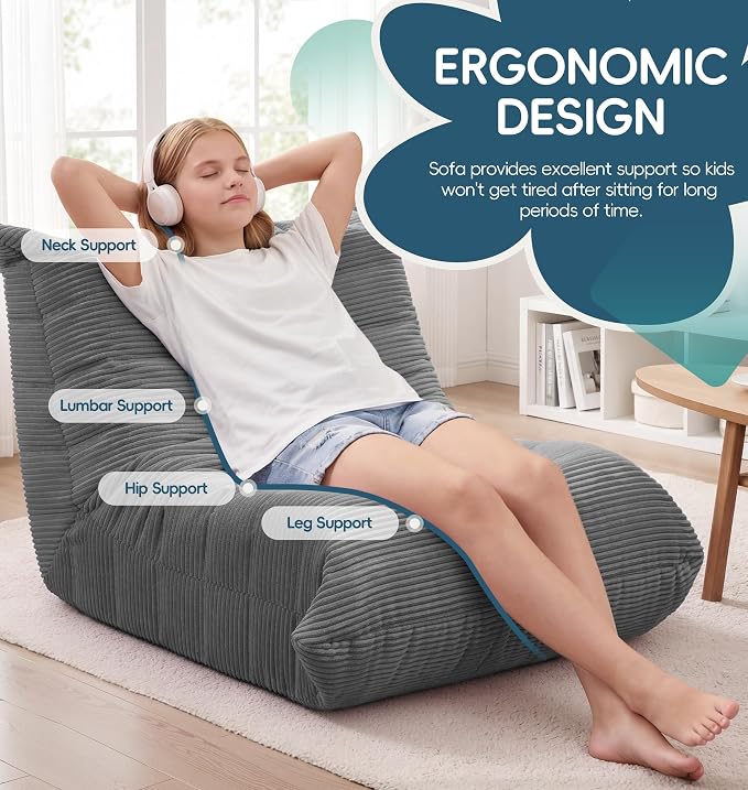 Hobestluk Medium Bean Bag Chair Faux Fur Fabric BeanBag Couch for Playroom | Grey Corduroy,Ergonomic Design,Memory Foam,Strong Supportive,No Assembly Required,Decorative Style for Living Room Bedroom