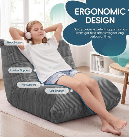 Hobestluk Medium Bean Bag Chair Faux Fur Fabric BeanBag Couch for Playroom | Grey Corduroy,Ergonomic Design,Memory Foam,Strong Supportive,No Assembly Required,Decorative Style for Living Room Bedroom