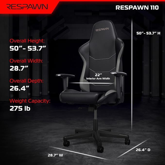 Respawn 110 Ergonomic Gaming Chair - Reclining Office Video Game Swivel Chair with Lumbar Support, Headrest, Heavy Duty, High Back, Racing Style Gaming Recliner Seat for Computer Gamer - Gray