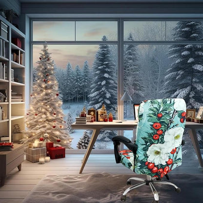 Christmas Office Chair Cover Green,Printed Elk,pinecone,Xmas tree,Snowflake,Jingle bell Stretch Computer Chair Cover Universal Removable Washable Anti-Dust Chair Slipcover with Zipper (L,Christmas-10)