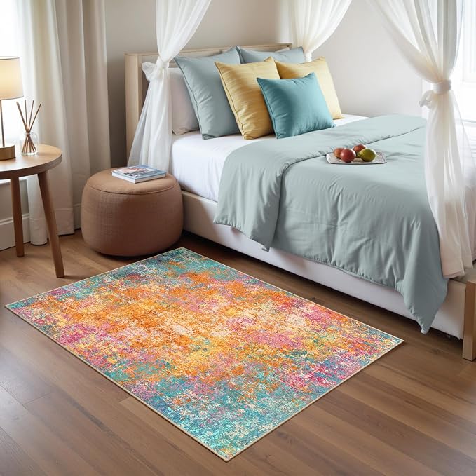 RELEANY Washable Area Rugs 3'x5' Non-Slip Modern Abstract Soft for Living Room Entryway Bedroom Kitchen, Print Pattern, Orange Blue Pink Yellow Colorful