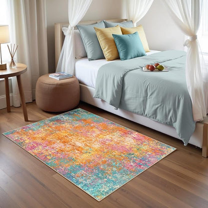 RELEANY Washable Area Rugs 3'x5' Non-Slip Modern Abstract Soft for Living Room Entryway Bedroom Kitchen, Print Pattern, Orange Blue Pink Yellow Colorful
